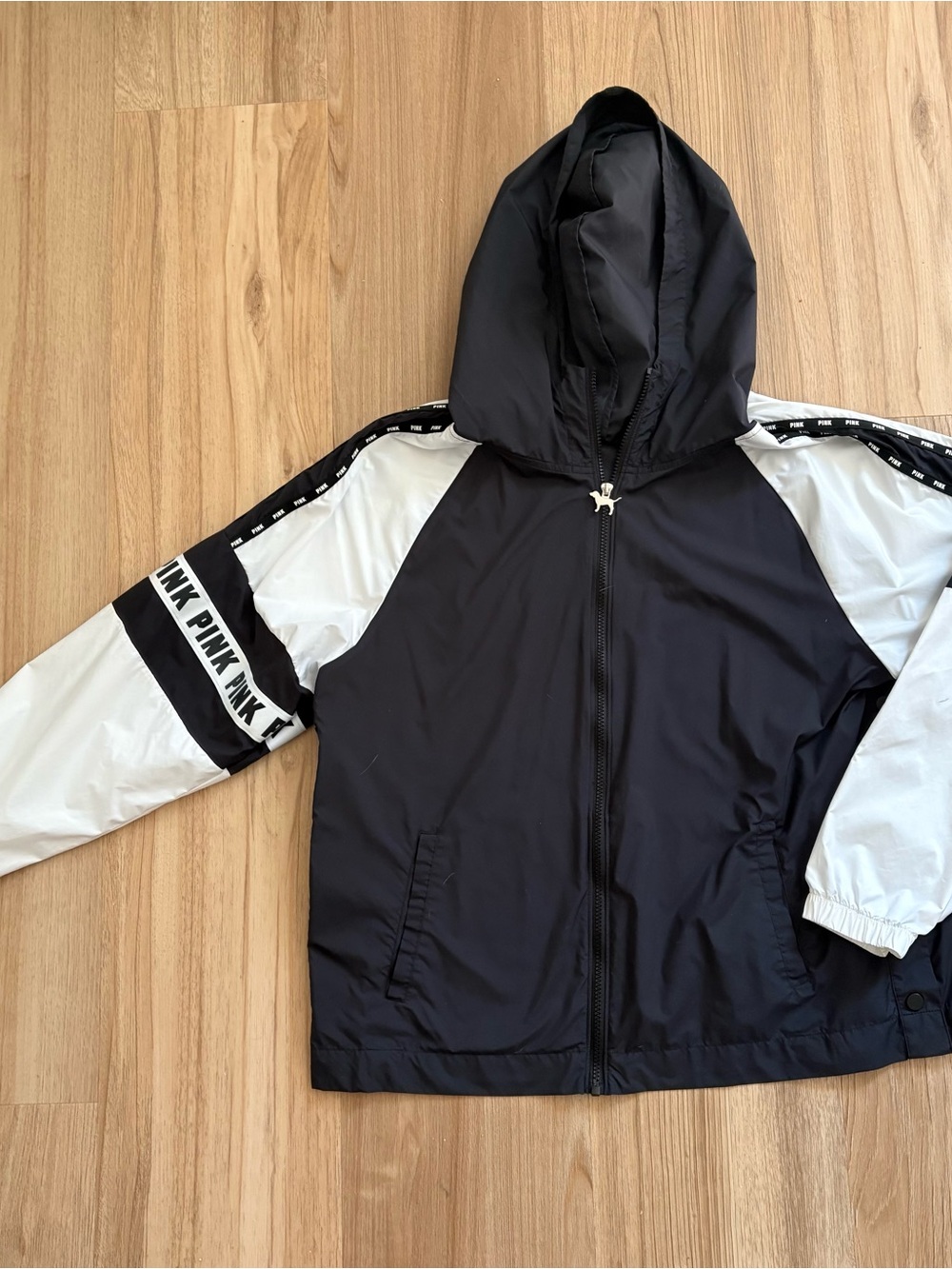 PINK Victoria's Secret Black & White Hooded Windbreaker Jacket